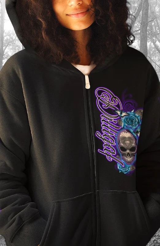 Blue skull and rose from Heaven zip Up Hoody Modern Women's Tech
