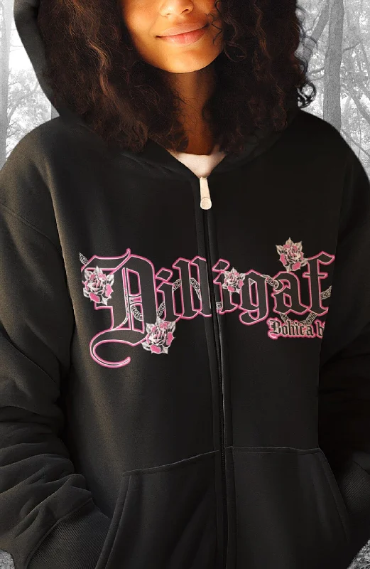 Pink Cross and Roses Zip Up Hoody Traditional Women's Wool
